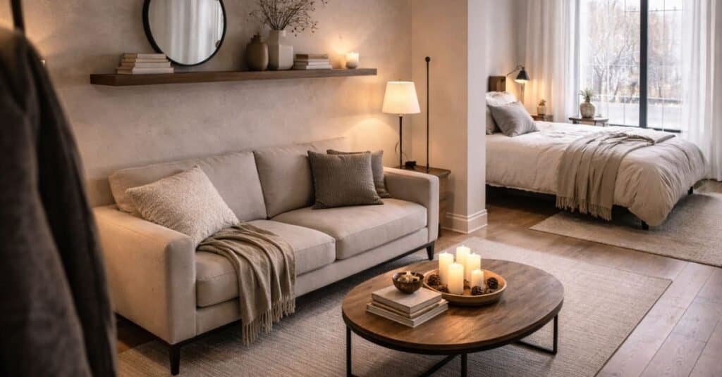 Cozy winter decor featuring soft lighting and calming colors