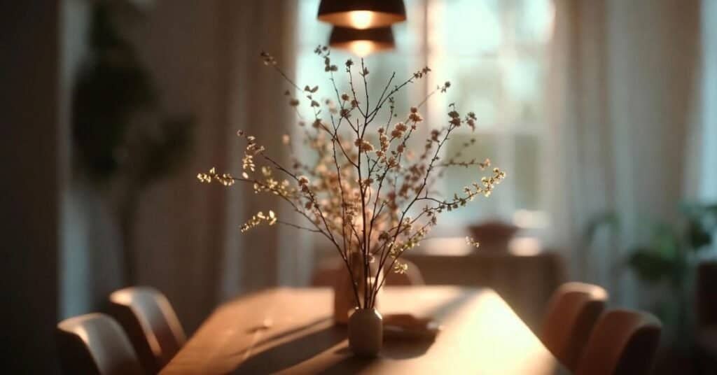 Simple modern dining centerpiece showcasing elegant floral arrangement.