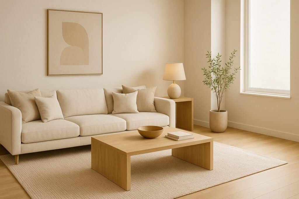 Cozy beige living room with plants.