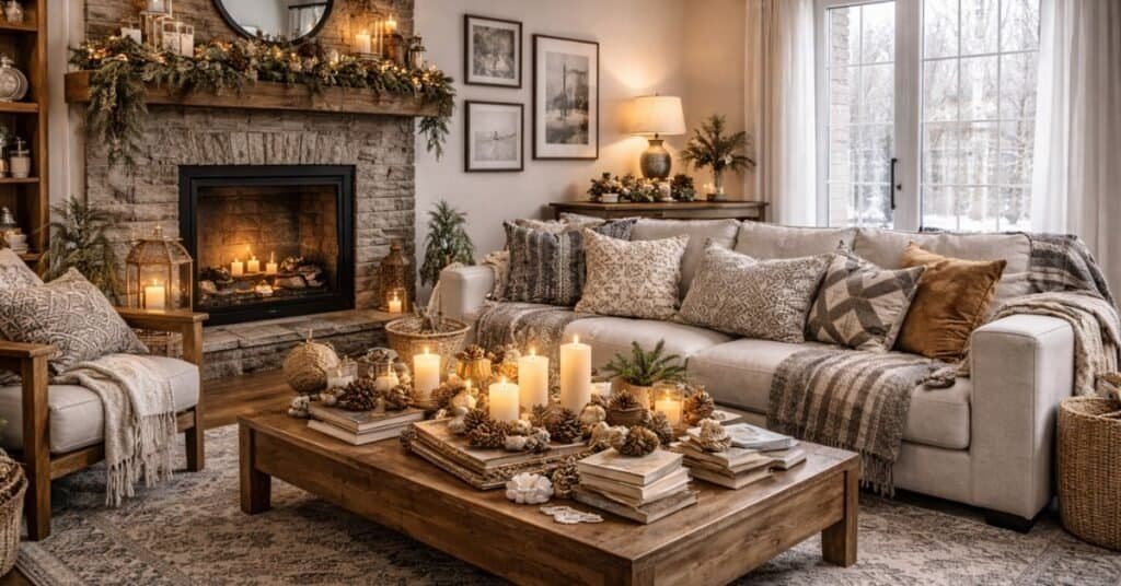 Simple winter decor featuring soft colors and cozy textures