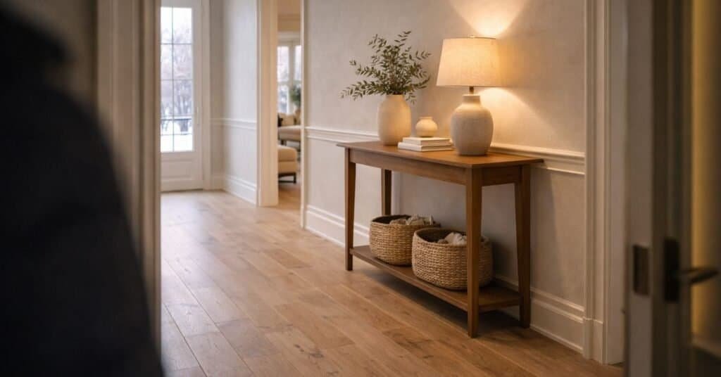 A cozy winter decor scene featuring soft lighting and calming colors