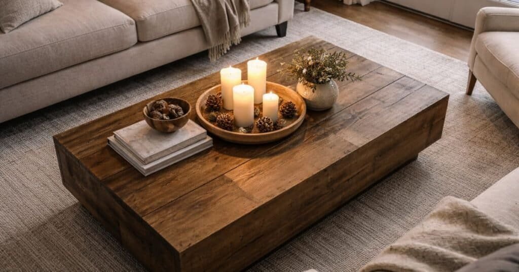 A cozy winter decor scene with soft lighting and calm colors