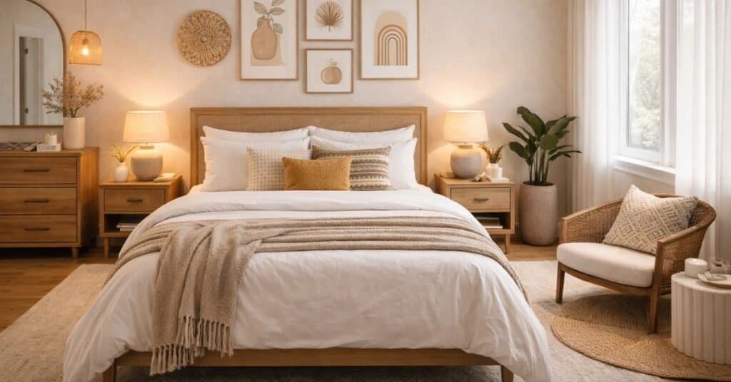 A cozy bedroom setup showcasing tips on how to spice up bedroom decor.