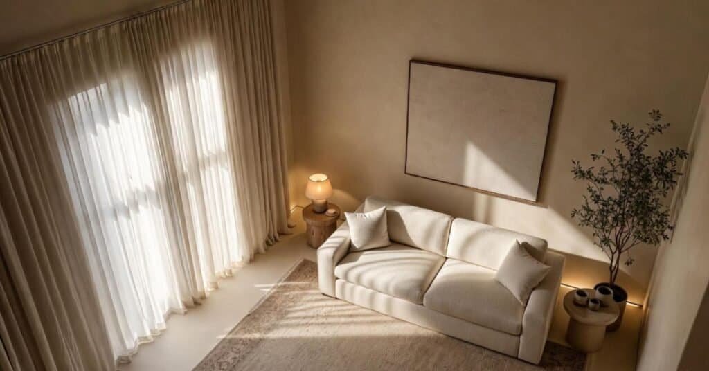 A neutral palette living room showcasing calm colors and modern decor