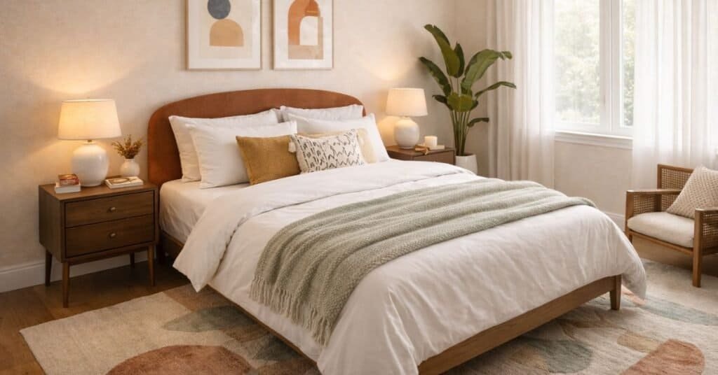 A cozy bedroom setup demonstrating how to spice up bedroom decor with simple changes.