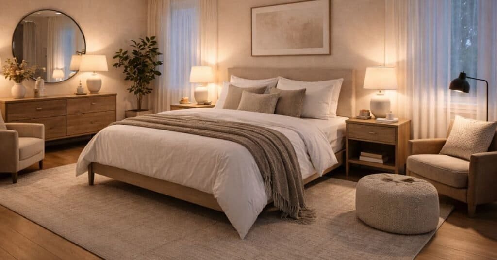 A cozy bedroom setup showcasing how to spice up bedroom decor with warm lighting and textiles