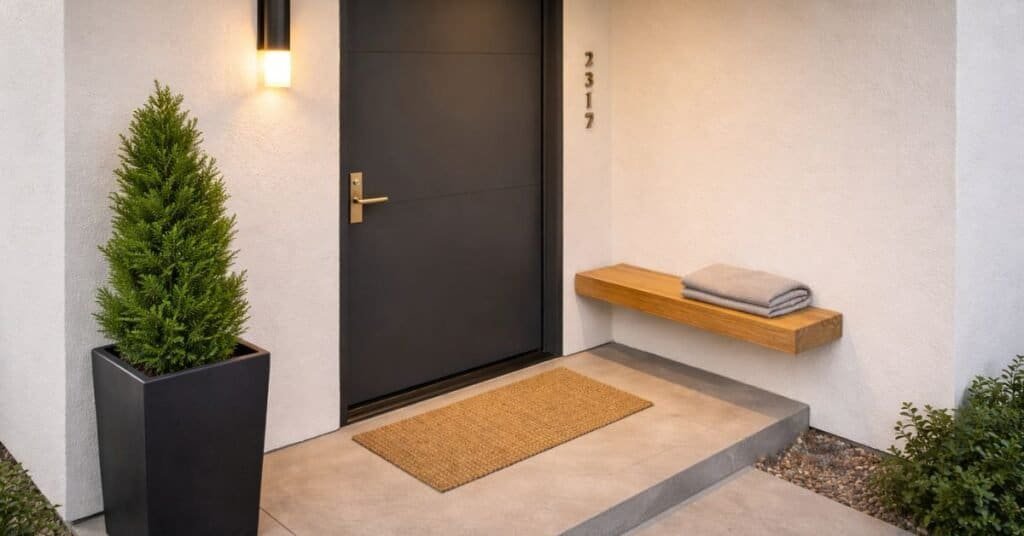 Simple and inviting door decor with potted plants and a welcome sign