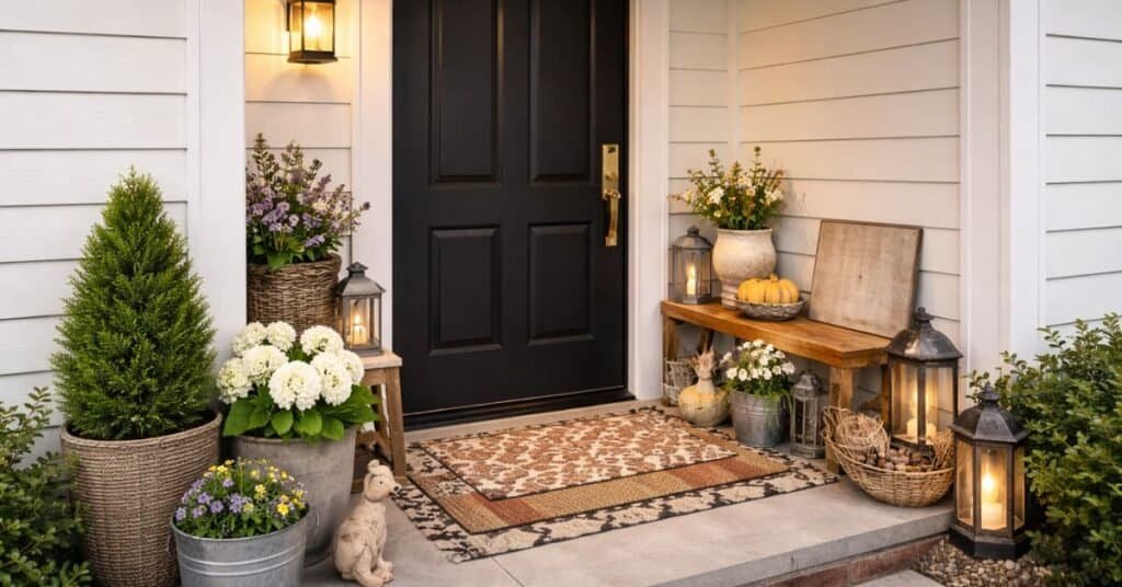 A welcoming entryway featuring stylish door decor elements.