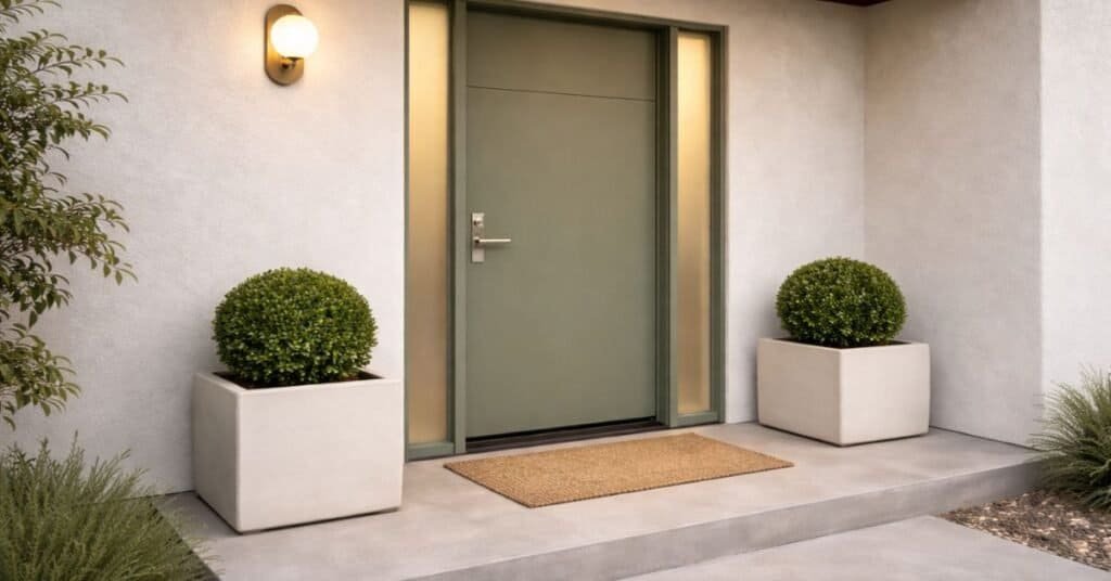 A welcoming front door decorated with stylish door decor elements.
