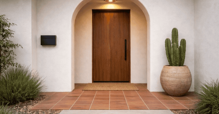 Simple and modern door decor with plants and neutral colors