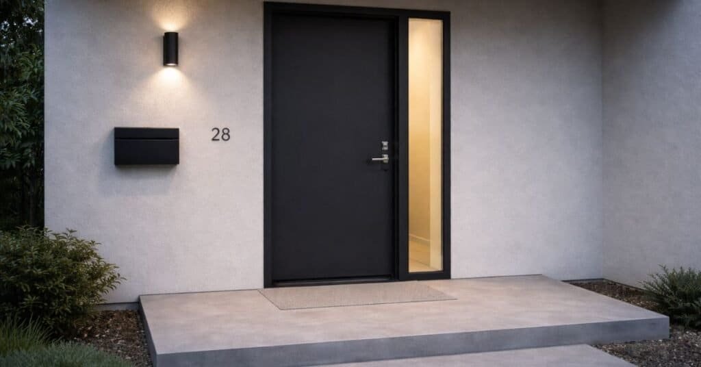 A beautifully decorated front door featuring modern door decor elements.