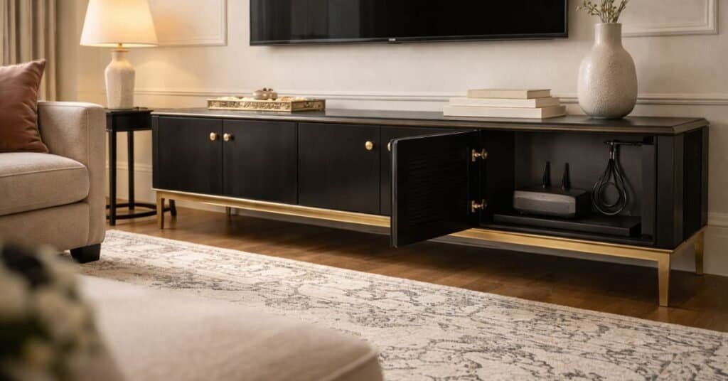 A modern living room setup showing how to hide TV power cord in wall.