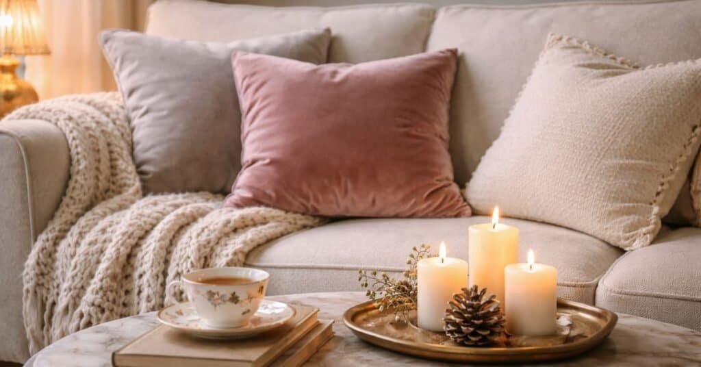 Inviting winter living room decor featuring warm tones