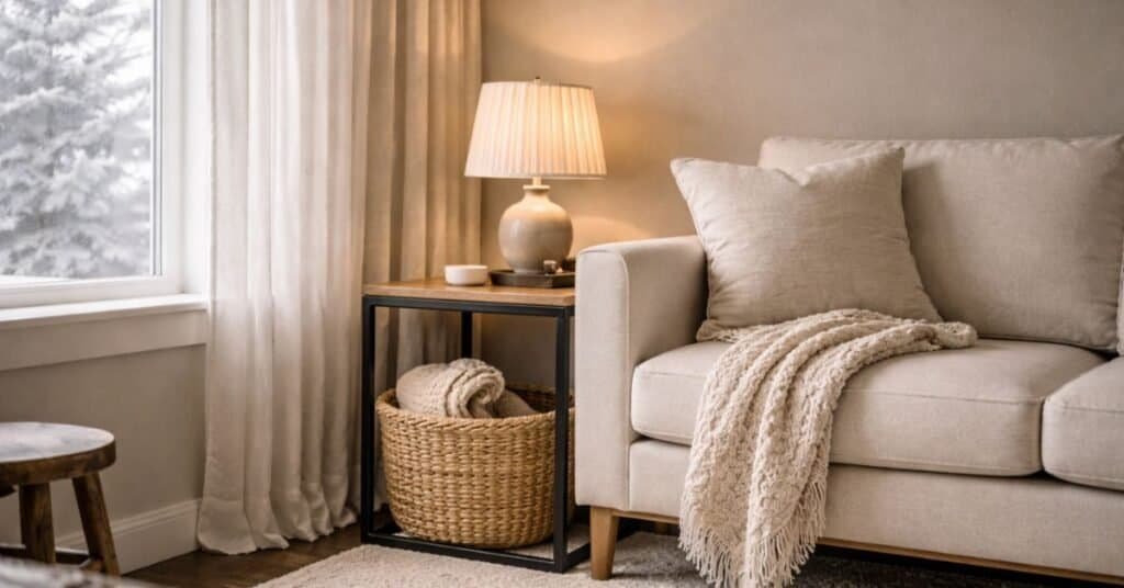 Cozy winter living room with soft lighting and calm colors