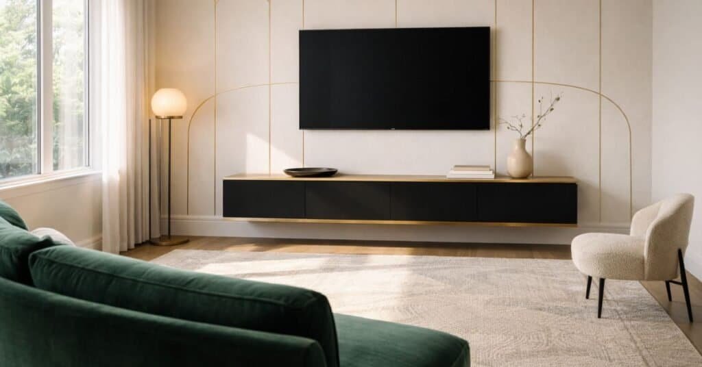 A modern living room showcasing how to hide TV power cord in wall.