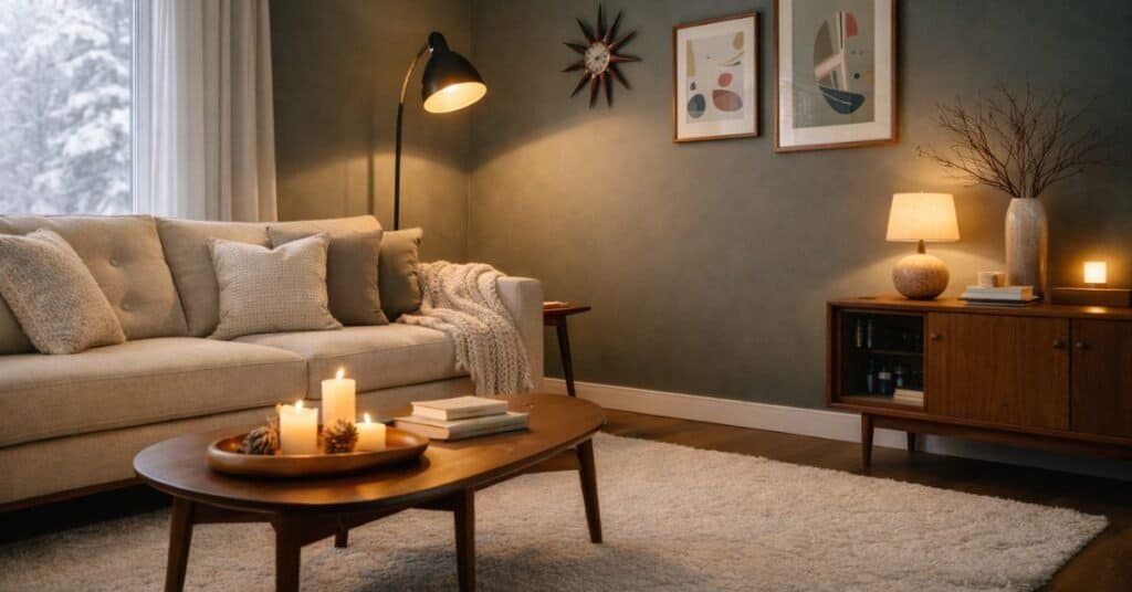 Cozy winter living room with soft lighting and calm colors