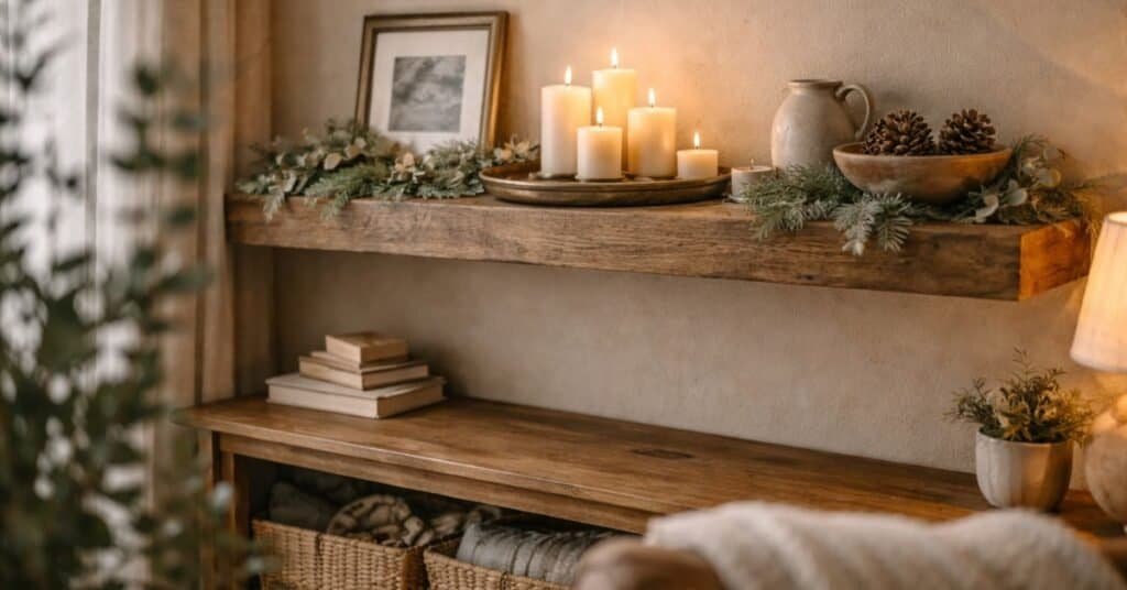 Cozy living room with soft lighting and winter decor elements