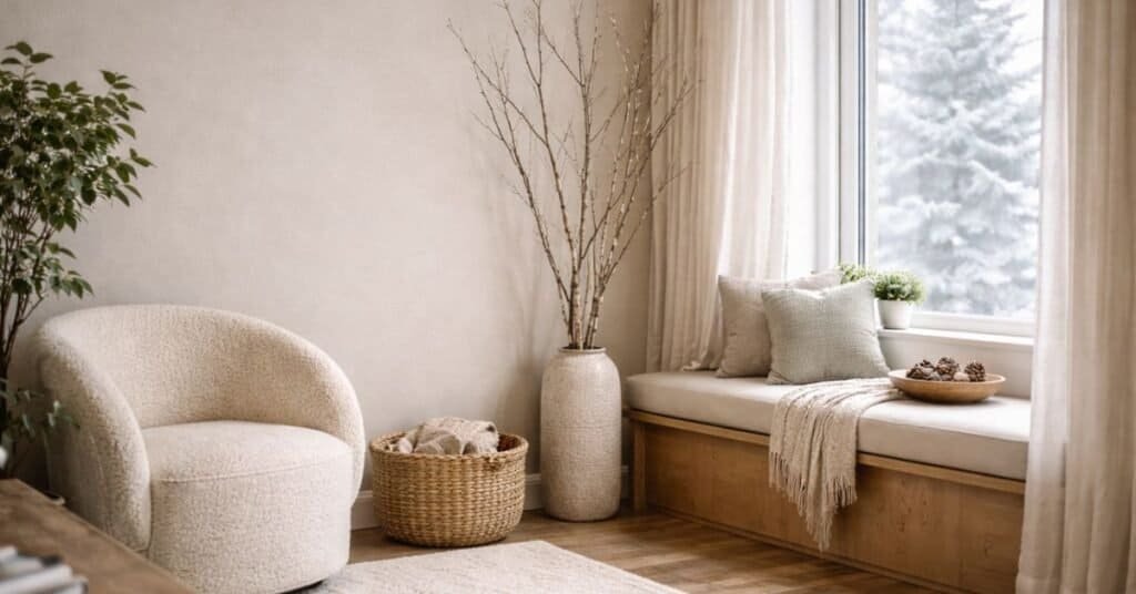 Cozy winter living room with soft lighting and calm colors