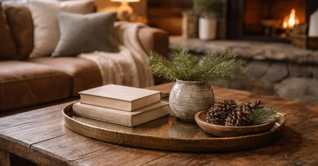 Stylish living room setup featuring seasonal winter decorations