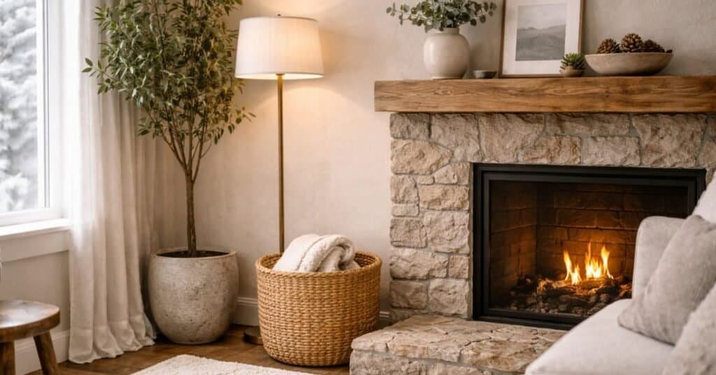 Cozy winter living room decorated with soft lighting and calm colors