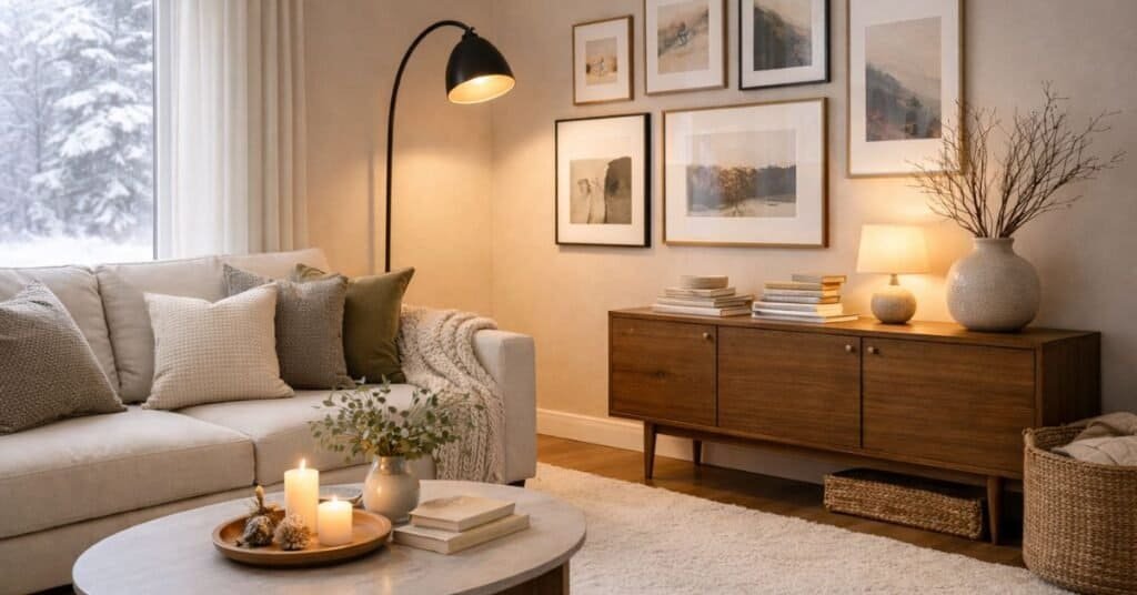 cozy winter living room with soft lighting and warm decor