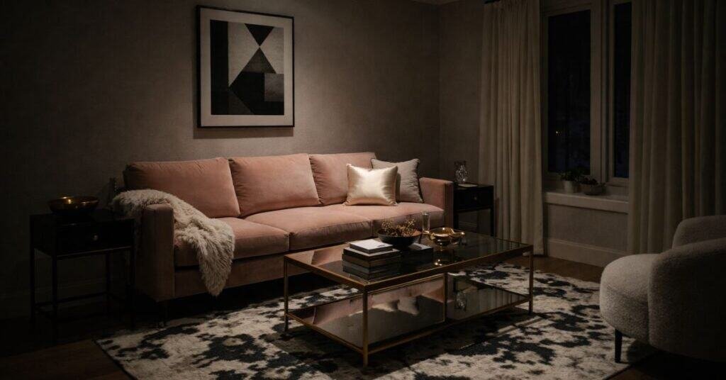 Cozy winter living room with soft lighting and warm colors