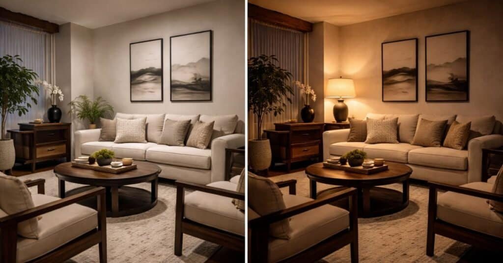 dark living room corner with poor ceiling light next to a version with warm lamp lighting