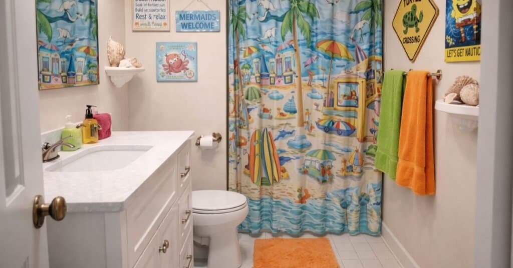 Beachy cartoon themed bathroom decor