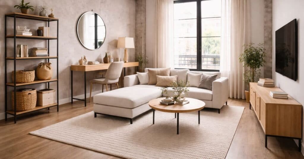 Warm minimalist apartment living room with spacious layout and stylish decor.