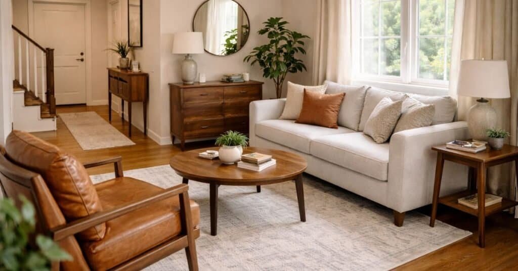 small living room corner setup placed too close to the walkway