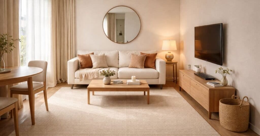 Cozy minimalist apartment living room with warm decor and open space.