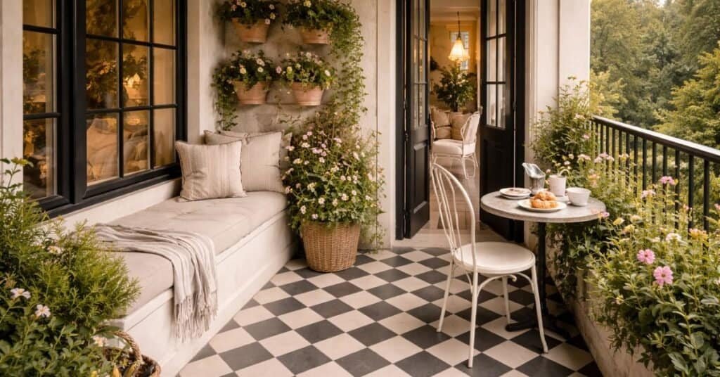 Tiny spring balcony with one chair, open floor space, and vertical plant styling