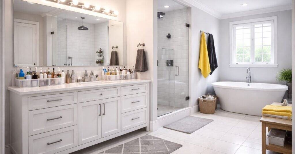 Cluttered modern bathroom with bold accents