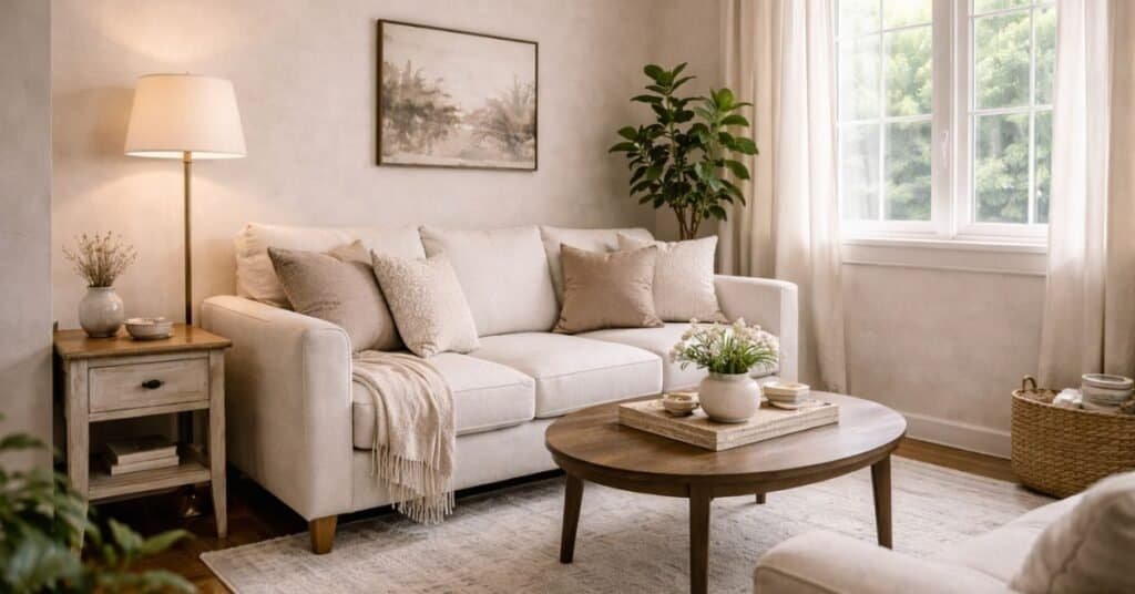 very small apartment living room corner with a slim lamp and plant