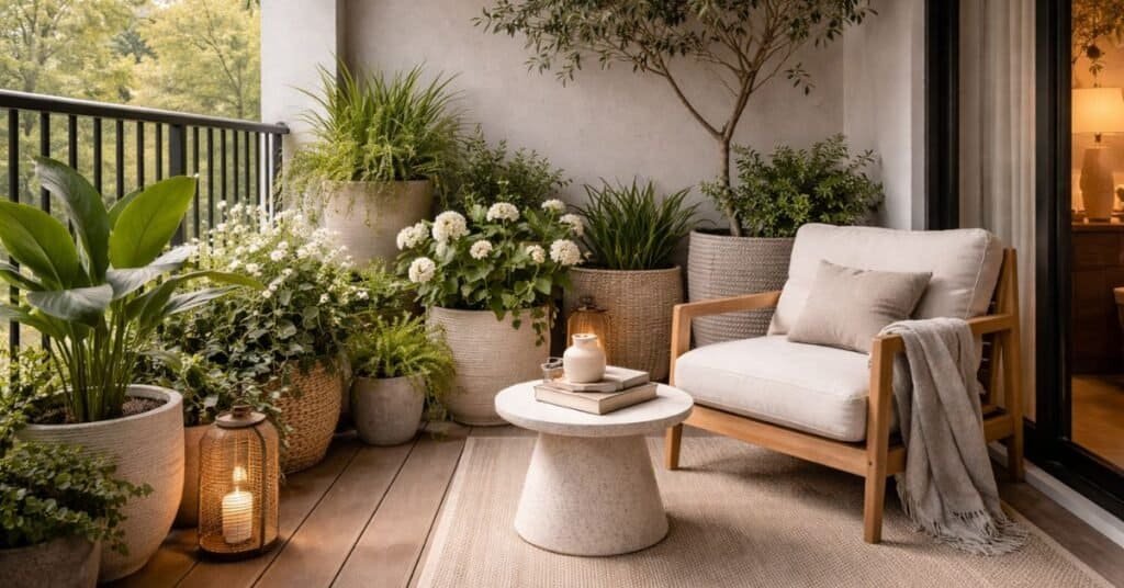 Cozy Scandinavian balcony with greenery