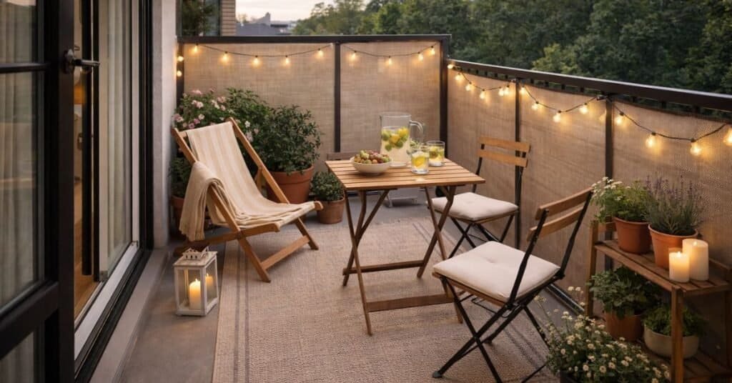Renter friendly balcony with foldable furniture, an outdoor rug, and a removable privacy screen