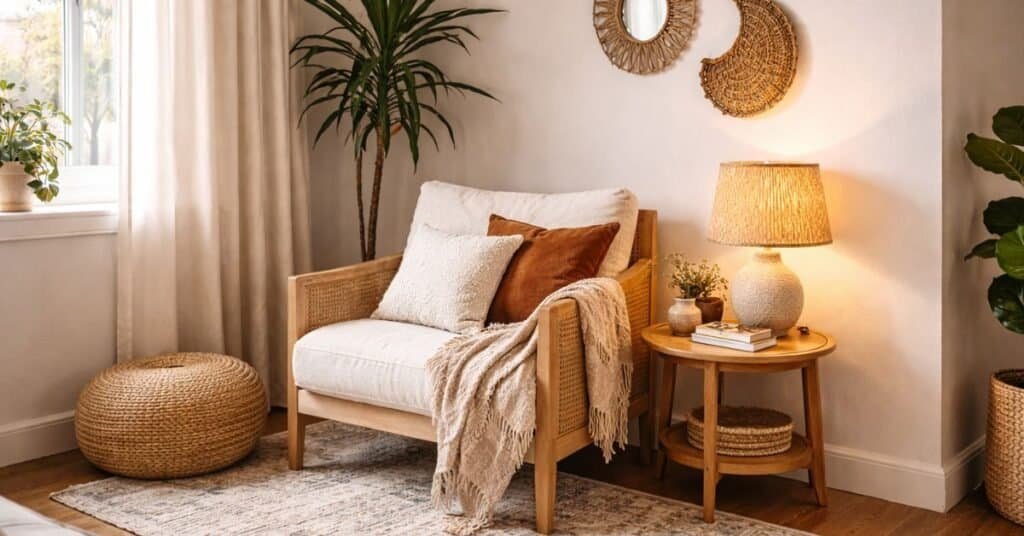 small living room corner styled as a reading nook with a slim chair and floor lamp