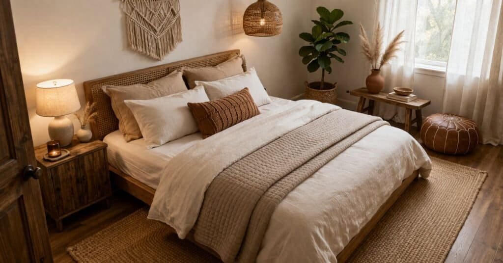 Cozy boho bedroom with natural textures