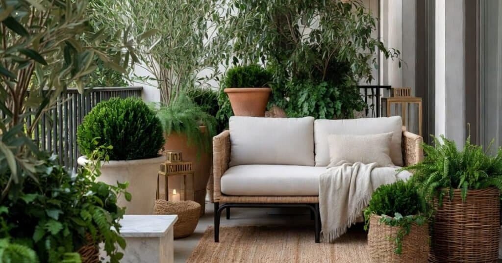 image of a soft neutral porch with layered pots and woven texture