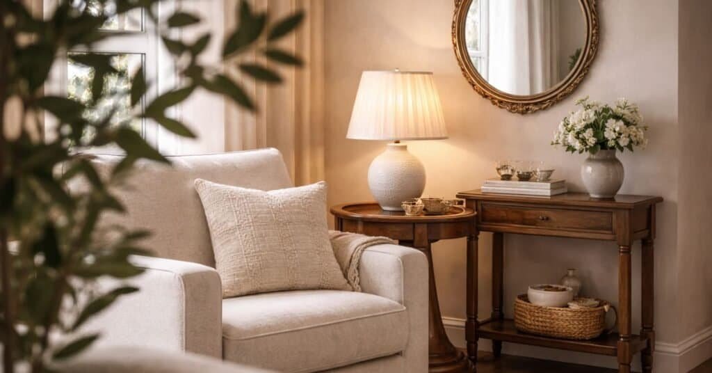 small living room corner with matching wood tones and soft shapes that connect with the room