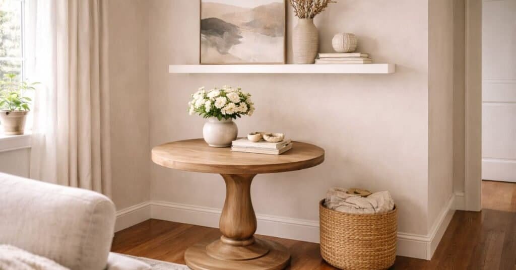 small living room corner with a round pedestal table and picture ledge