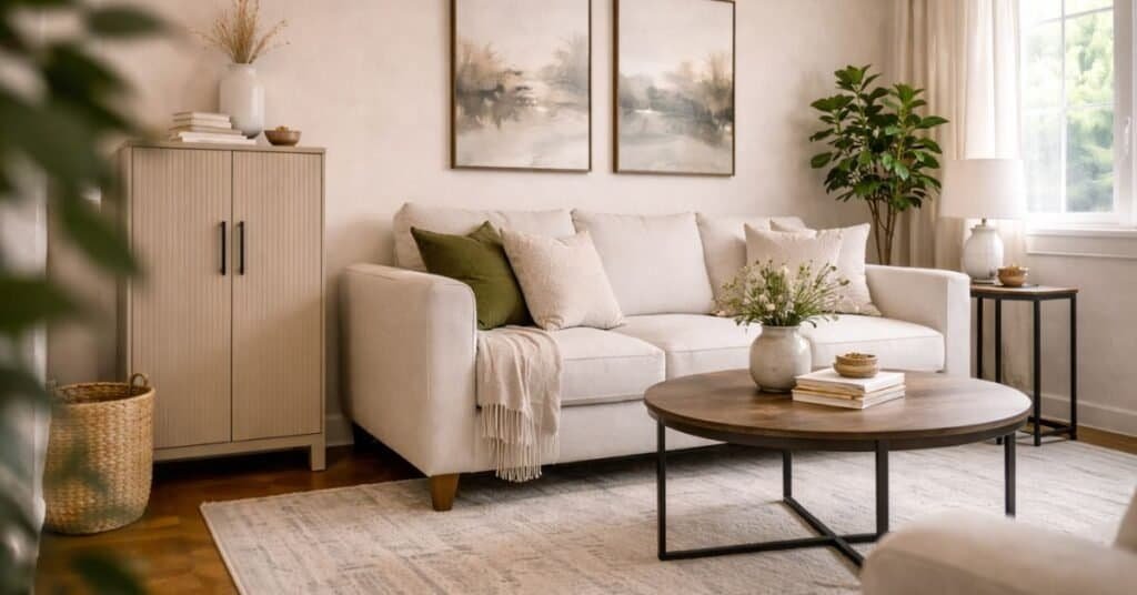 small living room corner with a narrow closed cabinet for hidden storage