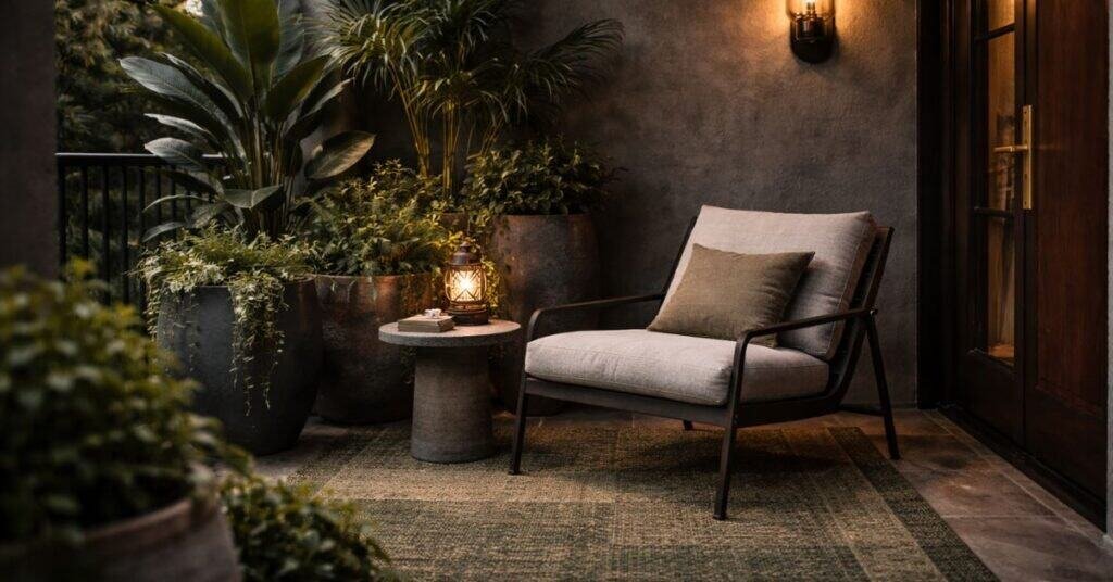image of a moody porch with dark foliage and simple seating