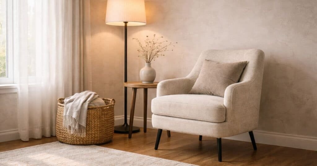 Industrial warm minimalist nook with textured accent chair, black floor lamp, woven basket with throw, small wood side table, sheer curtains, and soft neutral rug.