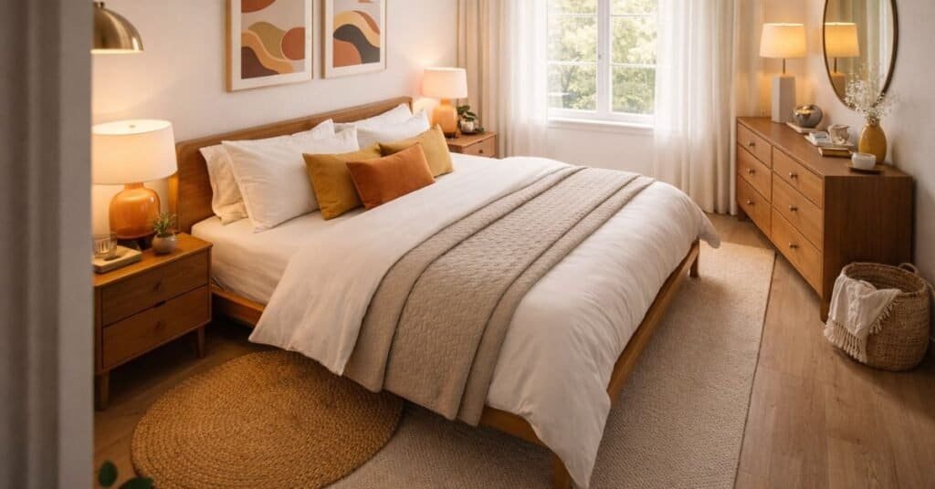 Cozy retro bedroom with warm accents