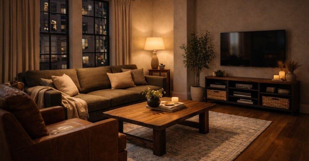 dark living room corner styled with a warm floor lamp and soft light