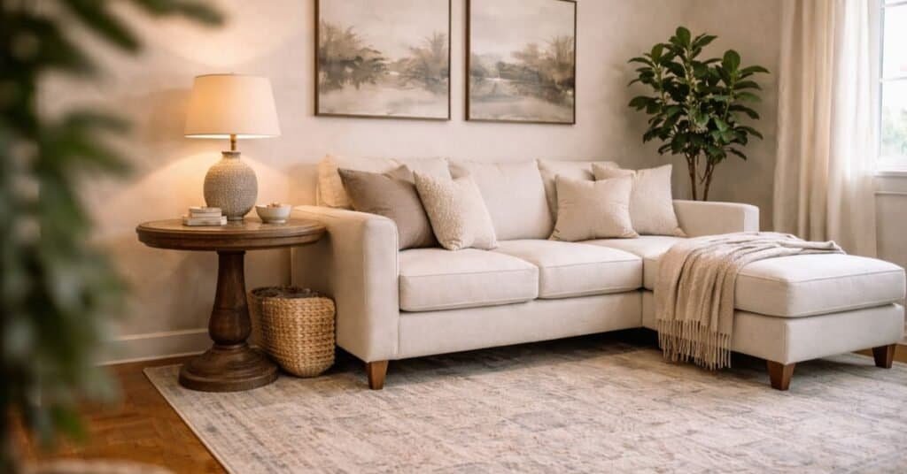 empty living room corner beside a sofa styled with a tall plant and round table