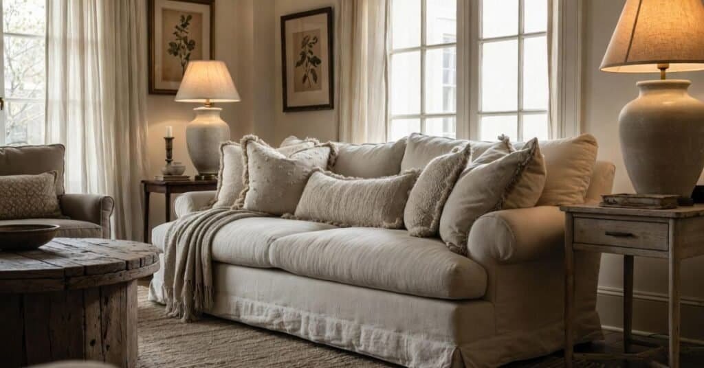 Warm shabby chic living room with linen sofa, wool pillows, rustic round wood coffee table, antique side cabinet, botanical wall art, neutral rug, and soft ambient lighting.