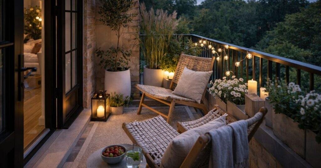 Budget friendly spring balcony with a simple chair, painted pots, fresh flowers, and one lantern