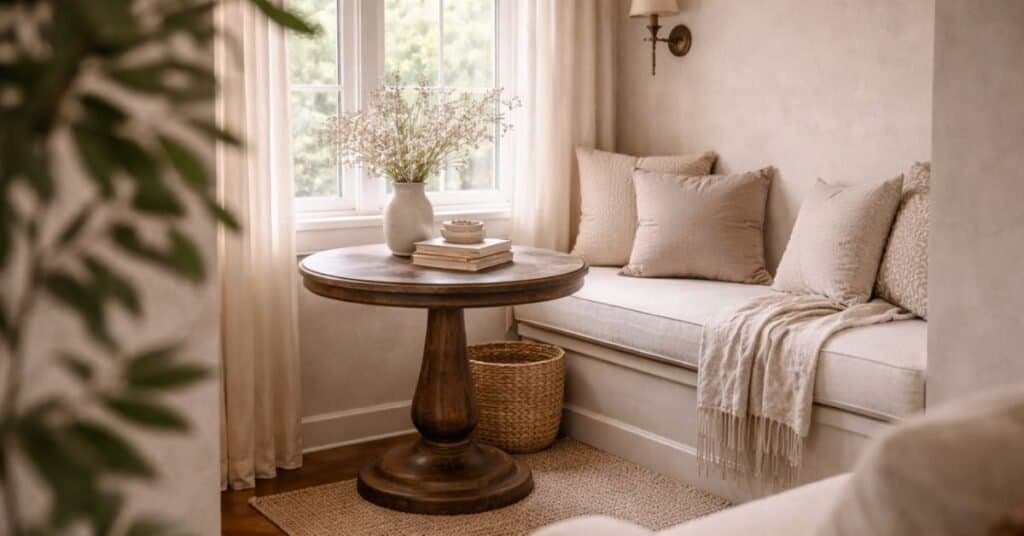 narrow living room corner beside a window with a pedestal table and airy plant